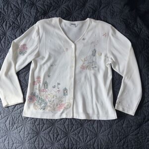 Vintage Teddi Womens L Cardigan Sweater Flower, Butterfly, Birdhouse Grandma